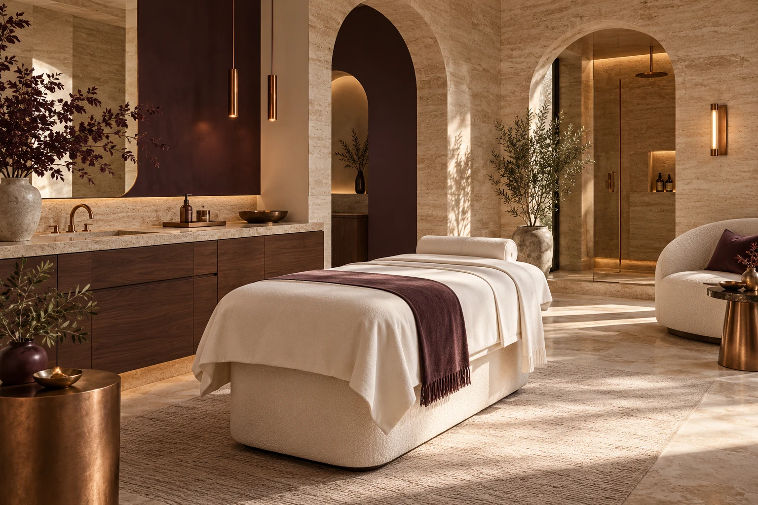 Sunlit studio with natural stone and warm wood